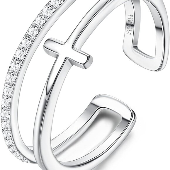 Sterling Silver Cross Ring Women Adjustable Faith Love Zirconia Jewelry - Picture 1 of 7